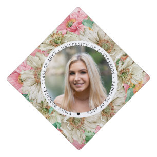 Botanical Pink White Floral Photo Graduation Grad Cap Topper