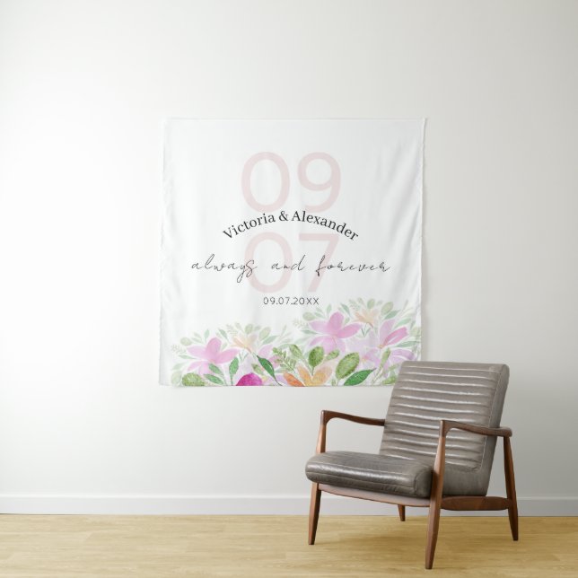 Botanical Pink Wildflowers Watercolor Art Tapestry (In Situ)