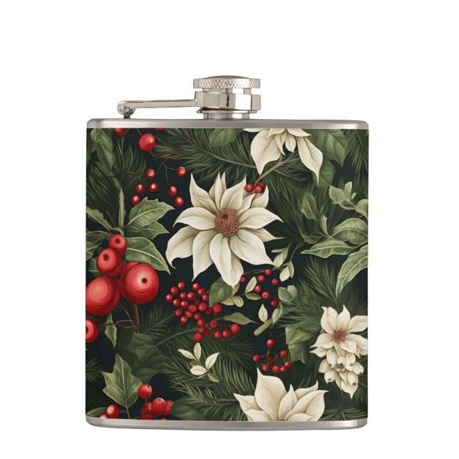 Botanical Poinsettia Christmas Pattern Hip Flask (Front)
