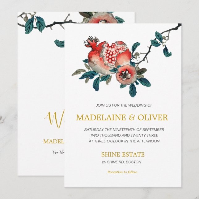 Botanical Pomegranate Elegant Gold Wedding Invitation (Front/Back)