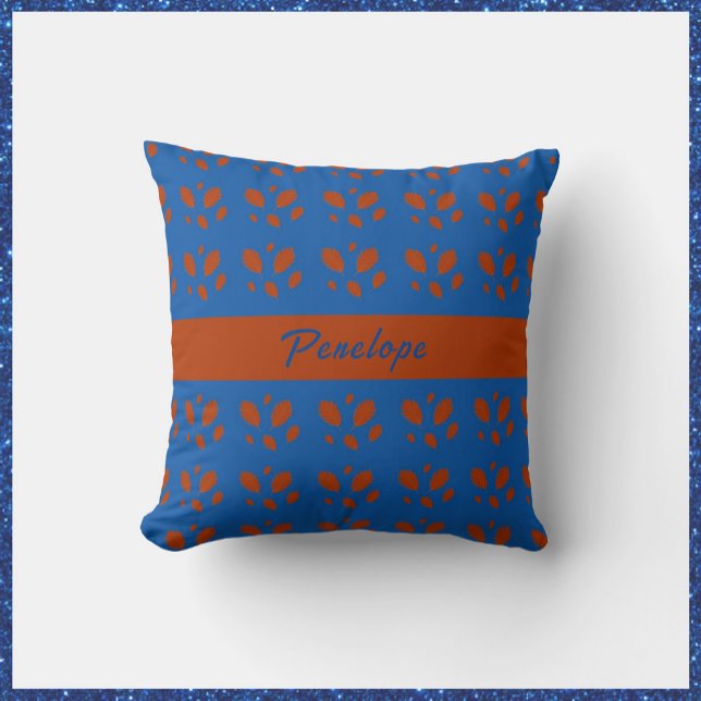 Botanical Pretty Rust Leaves on Royal Blue Design Throw Pillow (Creator Uploaded)