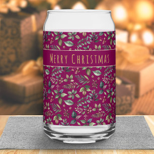 Botanical Print Christmas Deep Red Personalized Can Glass