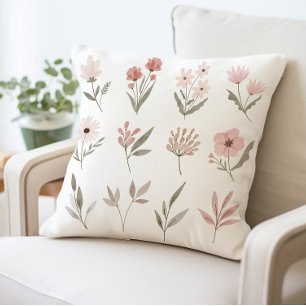  Botanical Print Watercolor Flower Throw Pillow