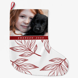 Botanical Print with Photo and Name Red Holiday Large Christmas Stocking