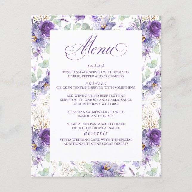 Botanical Purple and Gold Floral Wedding Menu (Front)