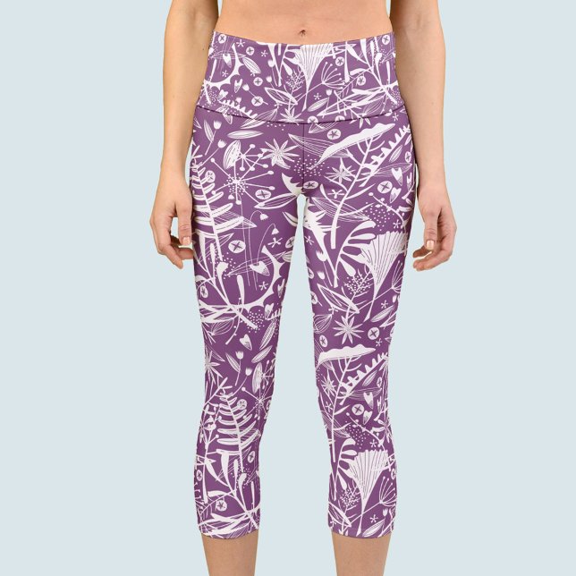 Botanical Purple Capri Leggings (Purple botanical pattern capri pants yoga leggings)