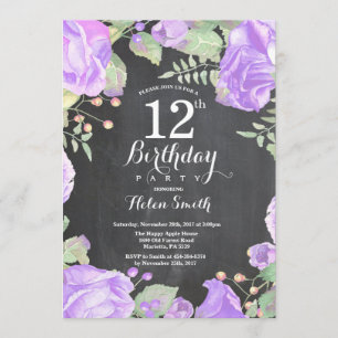 Botanical Purple Floral 12th Birthday Invitation