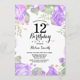 Botanical Purple Floral 12th Birthday Invitation