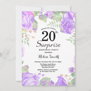Botanical Purple Floral Surprise 20th Birthday Invitation