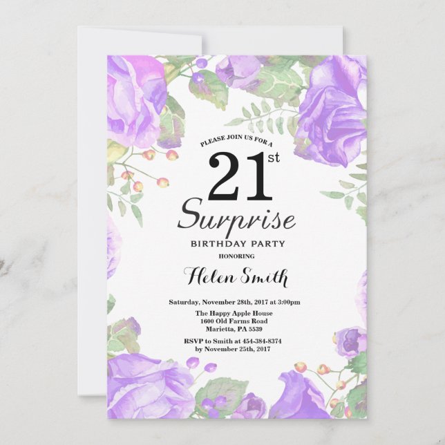 Botanical Purple Floral Surprise 21st Birthday Invitation (Front)