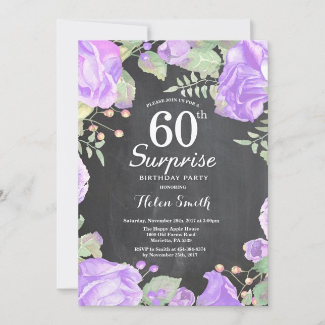 Botanical Purple Floral Surprise 60th Birthday Invitation (Front)