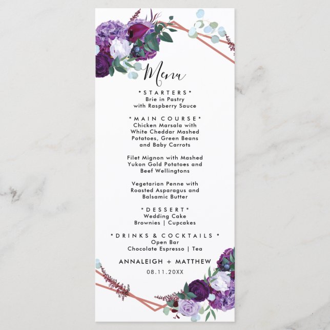 Botanical Purple Floral Wedding Reception Menu (Front)