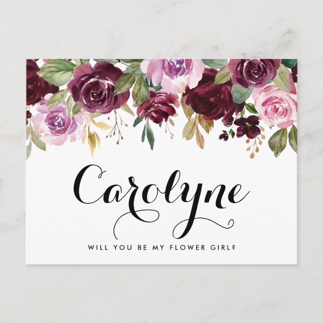 Botanical Purple Flowers Will You Be My Flower Gir Postcard (Front)