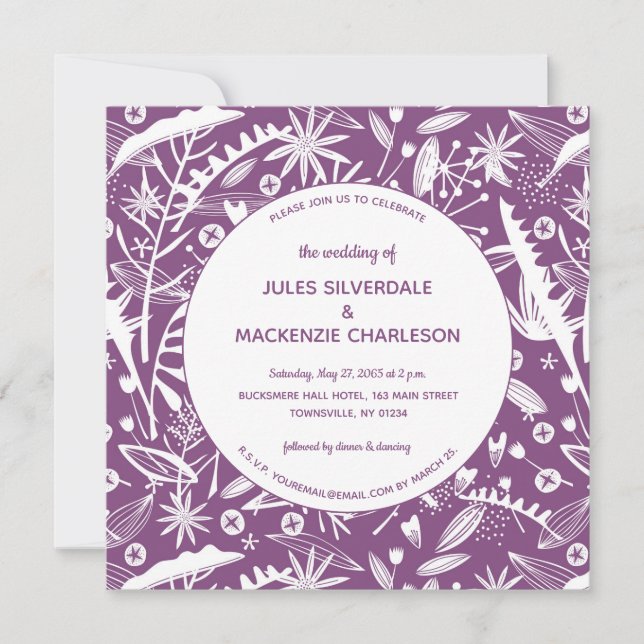 Botanical Purple Foliage Pattern Wedding Invitation (Front)