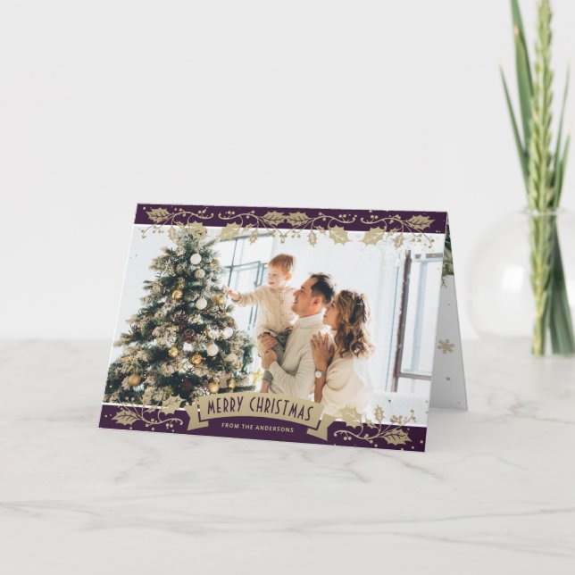 Botanical Purple Gold Photo Christmas Card (Front)
