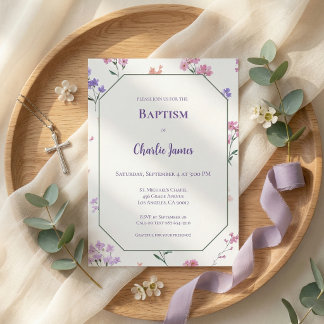 Botanical Purple Pink Baptism Invitation