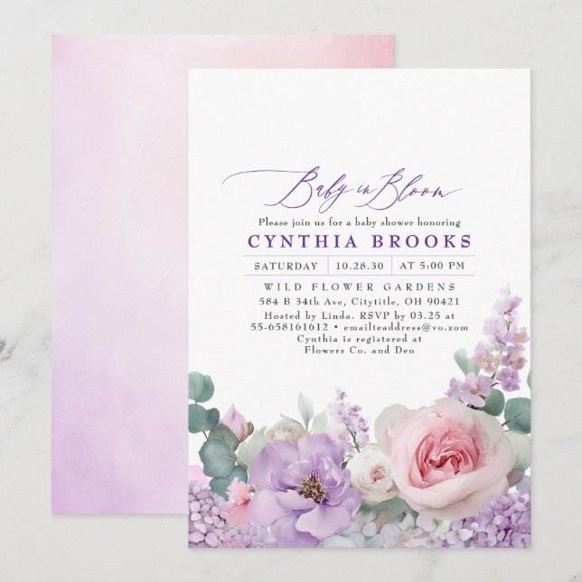Botanical Purple & Pink Floral Boho Baby Shower Invitation (Front/Back)