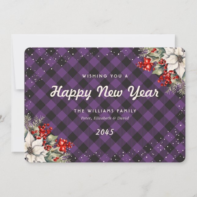 Botanical Purple Plaid Snow New Year Card (Front)