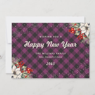 Botanical Purple Plaid Snowflake New Year Card