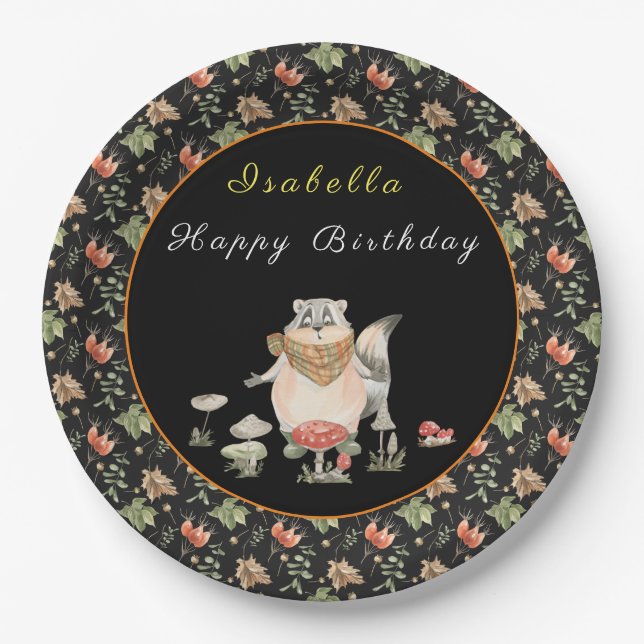 Botanical Raccoon Customize Text and Colour Paper Plate (Front)
