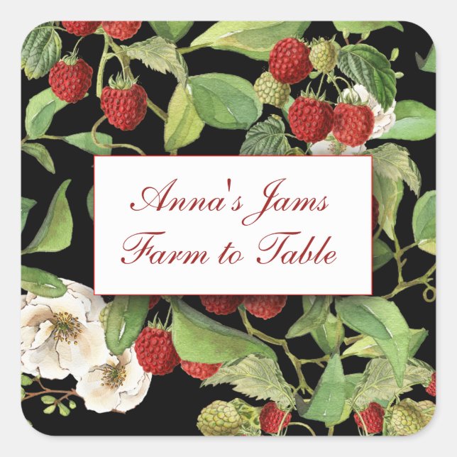 Botanical Raspberries on Black Background Label (Front)