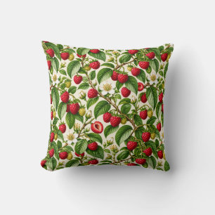 Botanical Raspberry and Blossom Pattern Throw Pillow