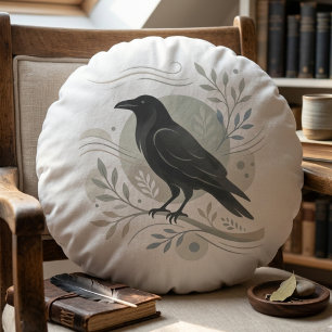 Botanical Raven Art Woodland Spirit Keeper Round Pillow