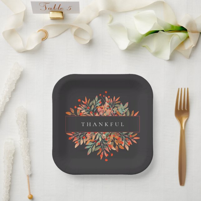 Botanical Red Berries & Leaves Dark Customizable Paper Plate (Wedding)
