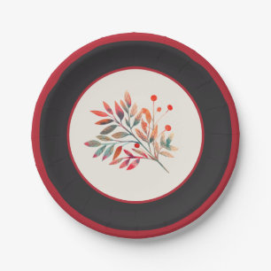 Botanical Red Berry Stripe & Leaves Paper Plate