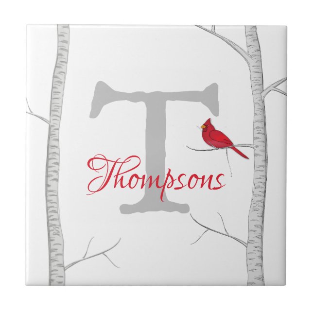Botanical Red Cardinal Birch Tree Monogram Name Tile (Front)