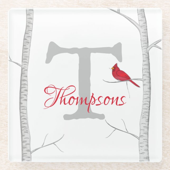 Botanical Red Cardinal Country Tree Monogram Glass Coaster (Front)
