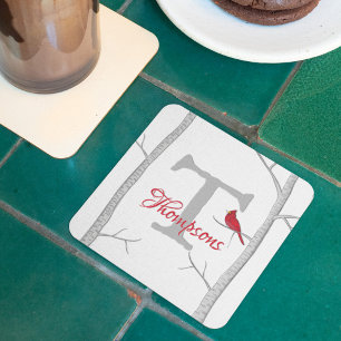Botanical Red Cardinal Winter Tree Monogram Square Paper Coaster