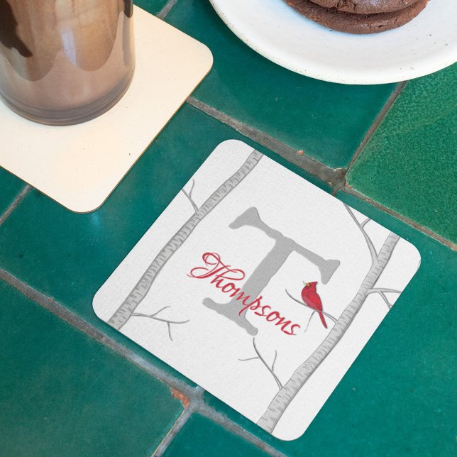 Botanical Red Cardinal Winter Tree Monogram Square Paper Coaster (Holiday monogram red cardinal party paper coast.)