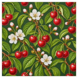 Botanical Red Cherries and White Blossoms Fabric
