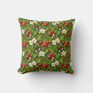 Botanical Red Cherries and White Blossoms Throw Pillow
