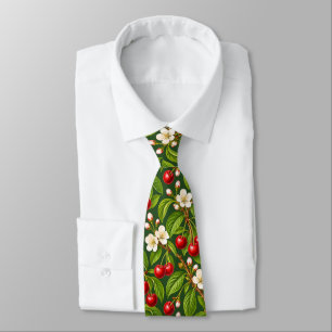 Botanical Red Cherries and White Blossoms Tie