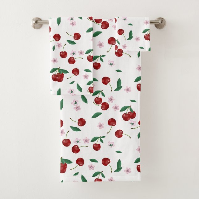 Botanical Red Cherries Greenery & Cherry Blossoms  Bath Towel Set (Insitu)