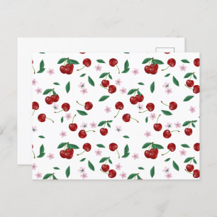 Botanical Red Cherries Greenery & Cherry Blossoms Postcard