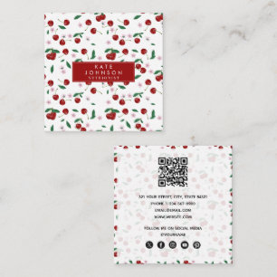 Botanical Red Cherries Greenery & Cherry Blossoms  Square Business Card