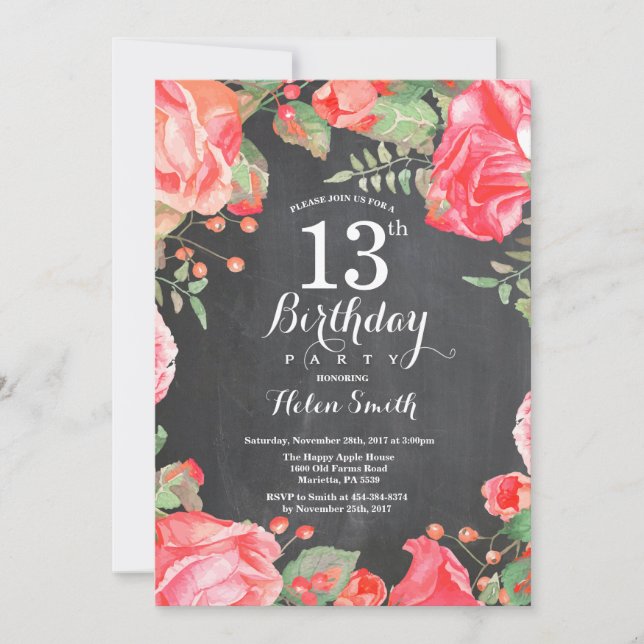 Botanical Red Floral 13th Birthday Invitation (Front)