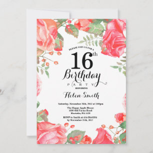 Botanical Red Floral 16th Birthday Invitation