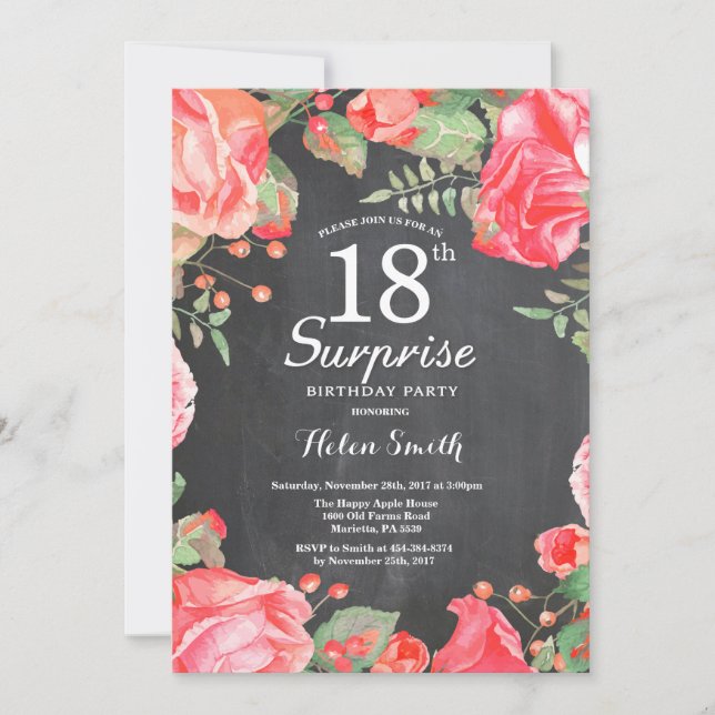 Botanical Red Floral Surprise 18th Birthday Invitation (Front)