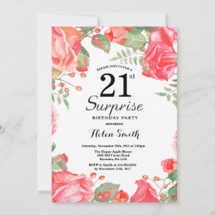 Botanical Red Floral Surprise 21st Birthday Invitation
