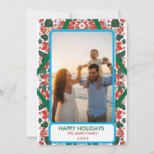 Botanical Red & Green Folk Art Floral Christmas  Holiday Card