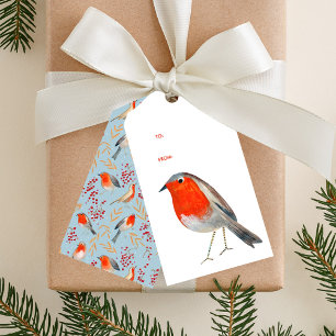 Botanical red robin birds pattern Christmas Gift Tags