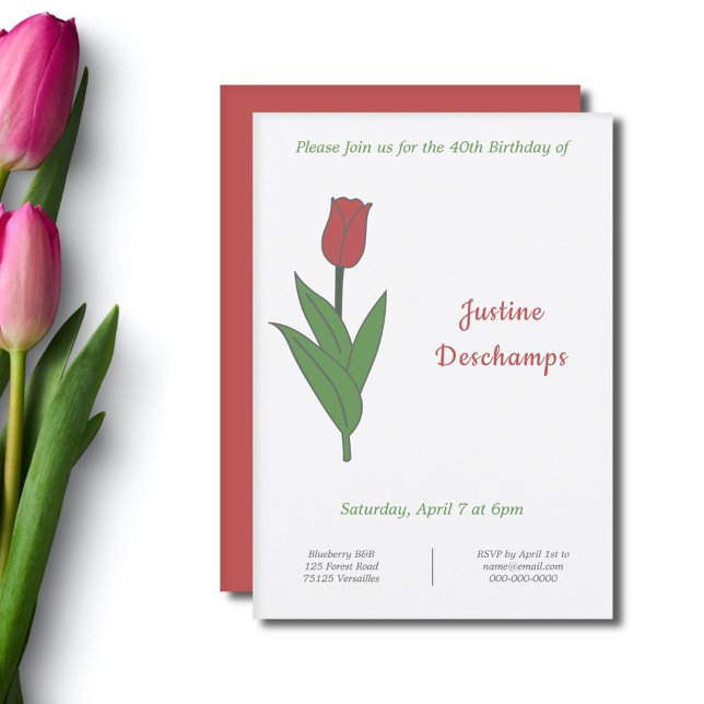 Botanical Red Tulip Birthday Invitation (Botanical Red Tulip Birthday Invitation)