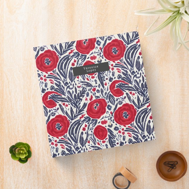Botanical Red White Blue Poppies Floral Pattern Binder (In Situ)