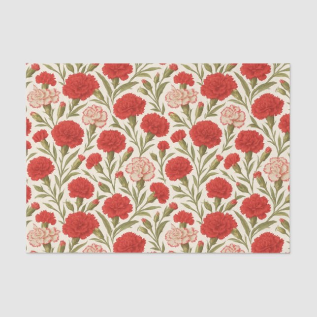 Botanical Red White Carnation Flowers Tissue Paper (Front)