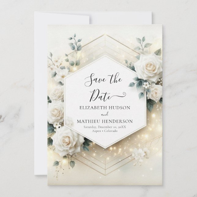 Botanical Romance White Roses Wedding Save The Date (Front)