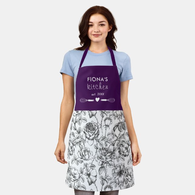Botanical Rose Black and Purple Personalized Apron (Worn)